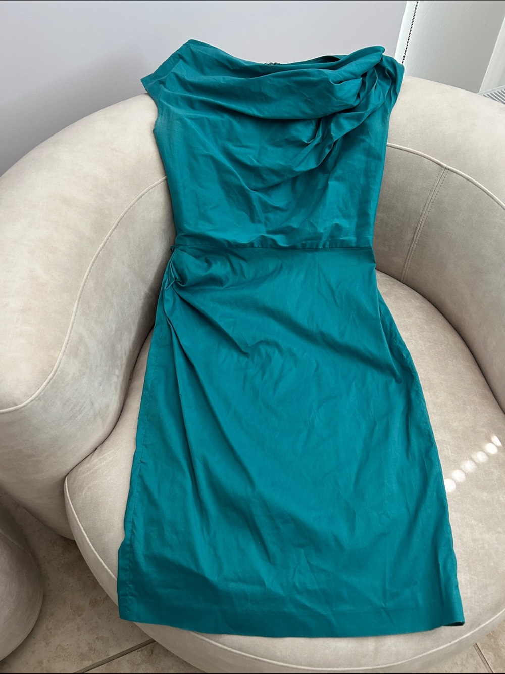 Suzi Chin Teal Midi Sheath Dress with Draped Neckline